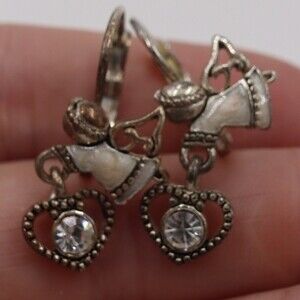 Vintage Angel Heart Dangle Earrings Lever Back Silver Tone Costume Jewelry
